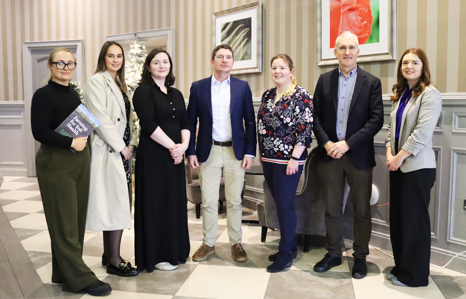 A group photo. Pictured at the closing event for the GroundTruth Citizen Science Project on World Soils Day were from left to right Ada Freaney, Airfield Estate; Mary Cleary, Department of Agriculture, Food and the Marine; Emily Kelly, Research Ireland; Cathal Somers, Teagasc; Fiona Brennan, Teagasc; Tom Barry, Signpost Programme Tillage Farmer and Elena Hayes, VistaMilk.