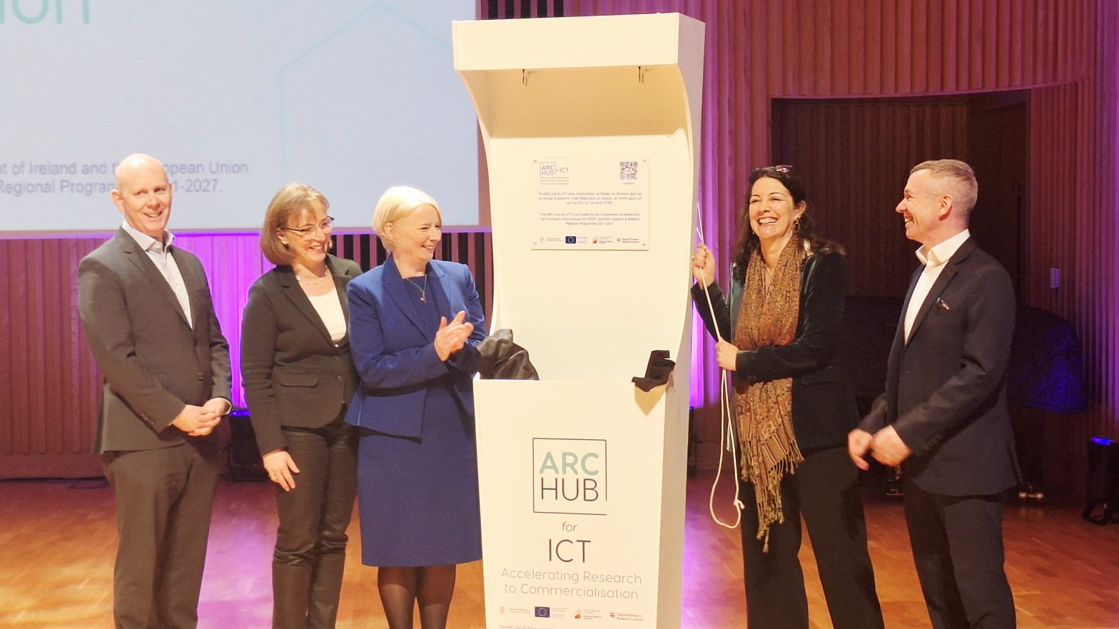 Pictured at the event, named from left to right: Dr Diarmuid O'Brien, CEO Research Ireland; Prof. Sarah Jane Delany, Director, ARC Hub for ICT; Sofia Alves, Director, DG Regional and Urban Policy, European Commission; and David Kelly, Director, Southern Regional Assembly.